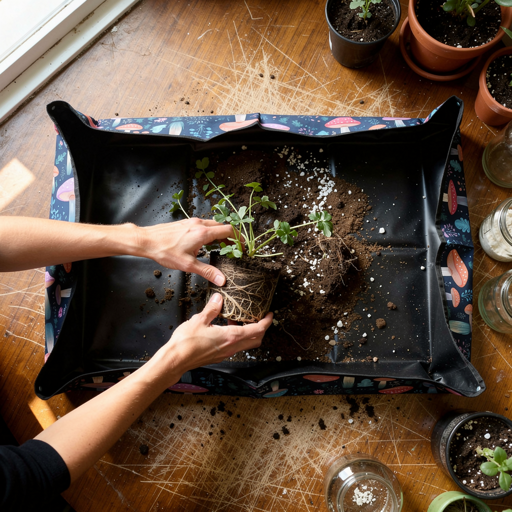 Botanical potting mat with hands potting plants